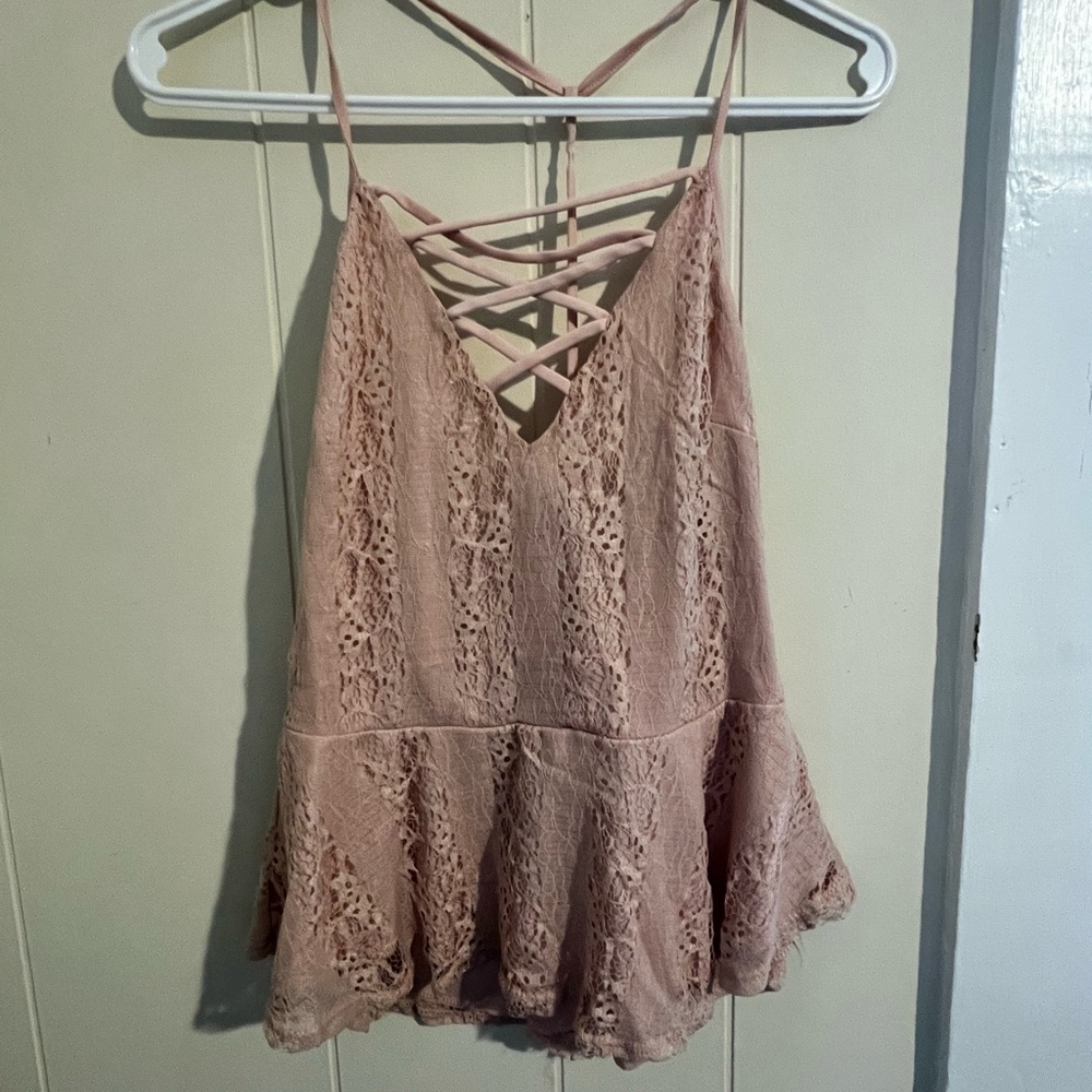 Pink, Lacey, peplum tank top with lace upfront